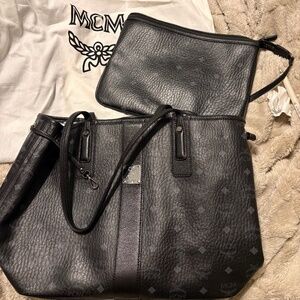 MCM Liz Reversible Shopper Tote in Visetos Black + Pouch